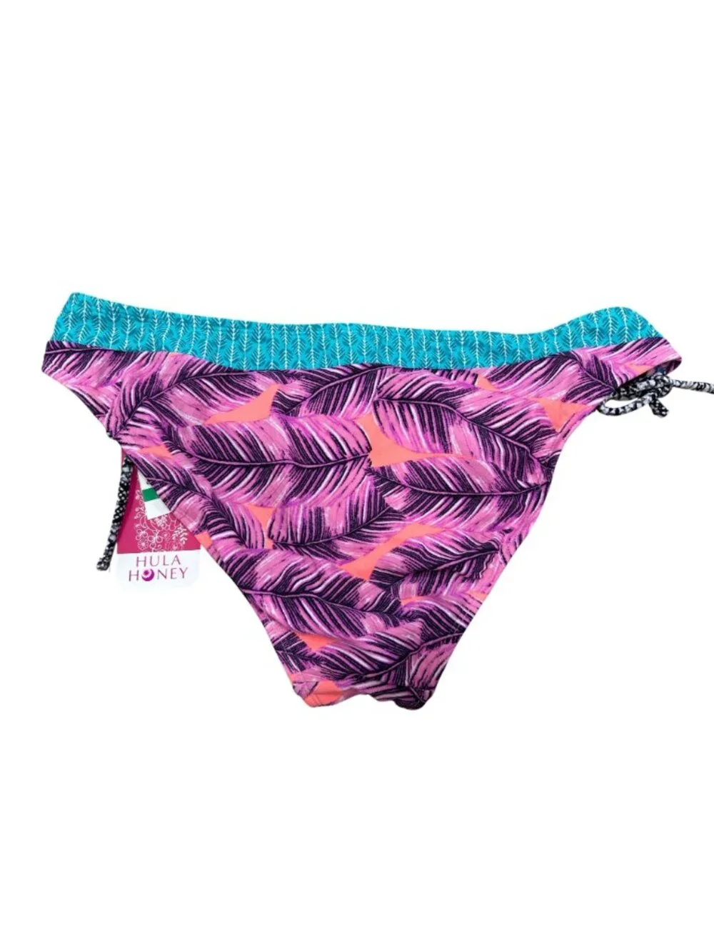 Hula Honey Large Pink Teal Palm Leaf Side Tie Bikini Bottom Boho Cottagecore NWT